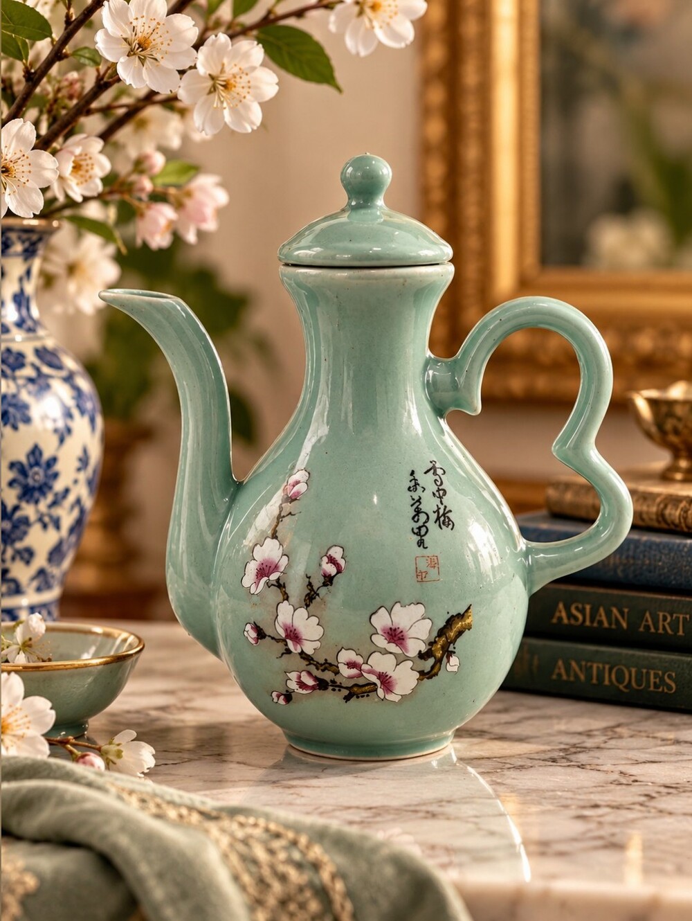 Vintage Celadon Green Porcelain Wine Ewer Teapot Hand Painted Cherry Blossom 8.5